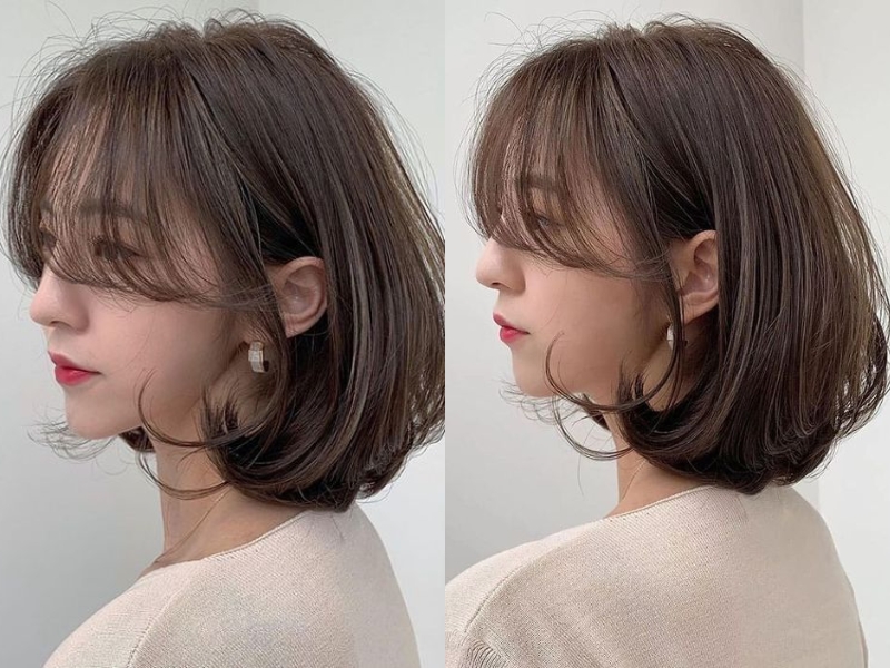 Đây là kiểu tóc cụp ngang vai cho mặt tròn giúp che khuyết điểm (Nguồn: Alice Zhabel và 차홍 CHAHONG_OFFICIAL - Pinterest)