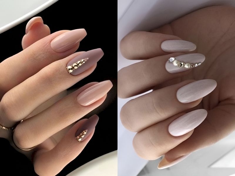 Nail đính đá màu nude sơn bóng