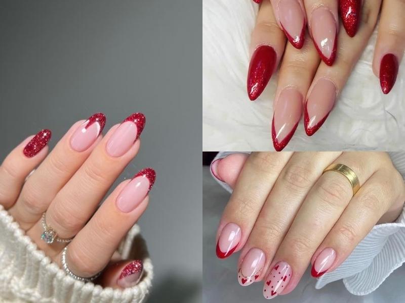 Nail tone hồng vẽ đầu móng màu đỏ