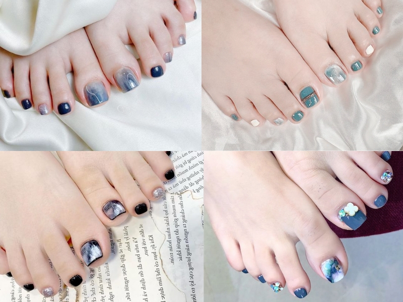 mẫu nail chân họa tiết vân đá màu đen, xanh