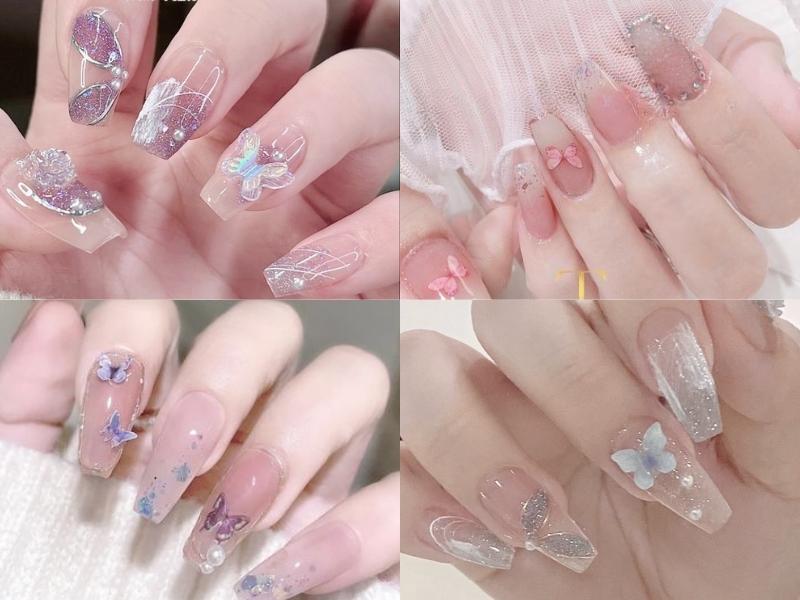 nail hàn quốc đính charm bướm tông màu hồng