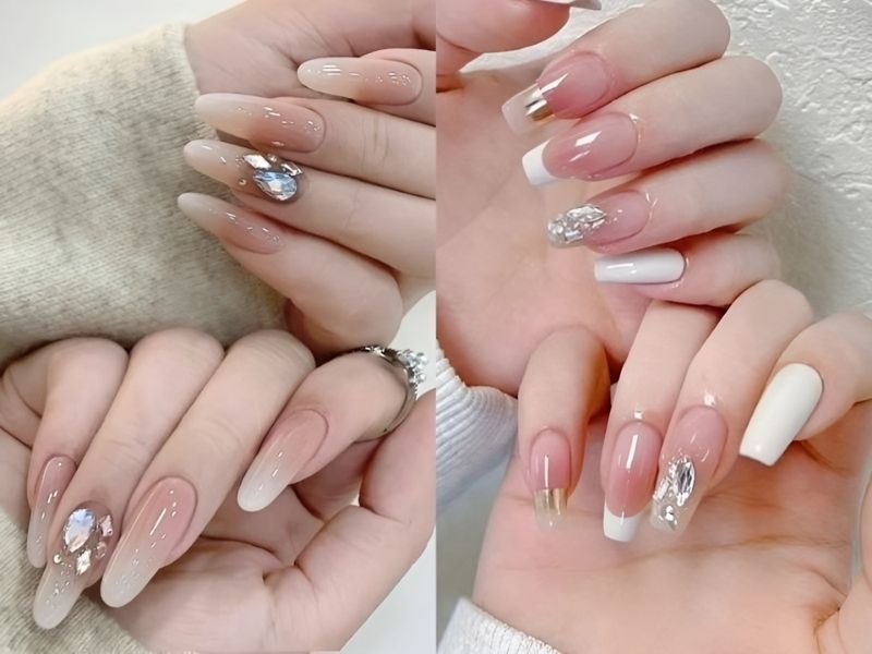 Nail màu hồng ombre đính đá 