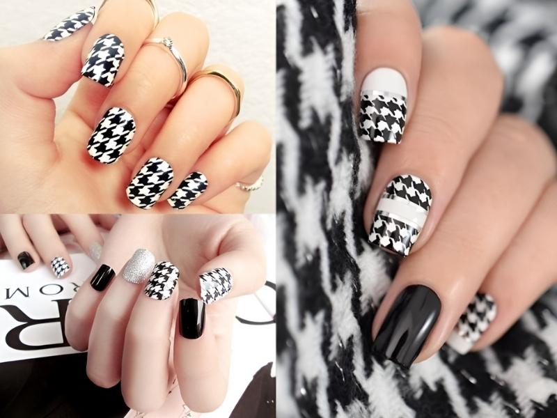 Nail màu đen họa tiết Houndstooth