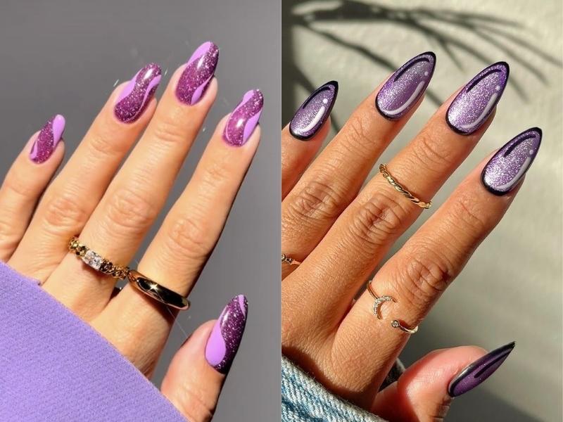 Nail mắt mèo phối hai màu tím nhạt và đậm