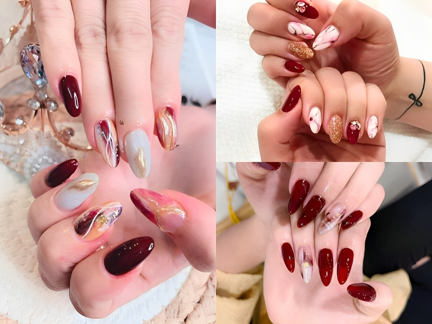 Nail vân đá màu đỏ kim tuyến