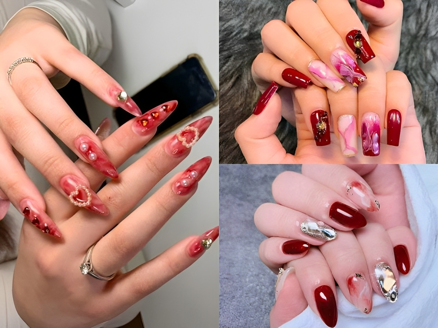 những mẫu Nail vân đá màu đỏ có đính đá