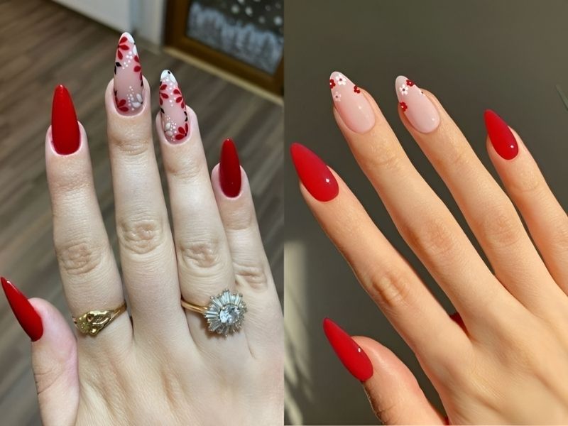 mẫu nail trắng đỏ vẽ hoạ tiết hoa