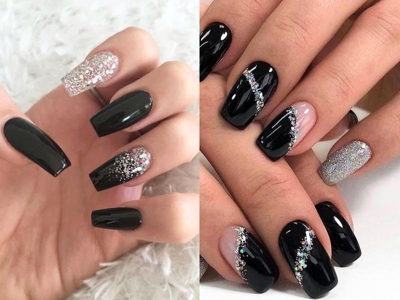 Nail màu đen kim tuyến vẽ kiểu