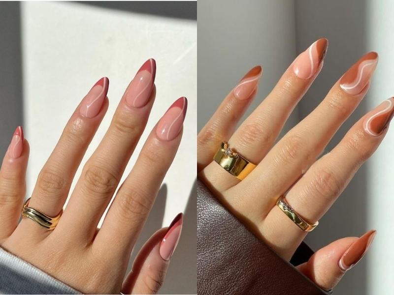 Mẫu nail móng nhọn nude kết hợp với họa tiết uyển chuyển tinh tế (Nguồn: HowLifeStyles)