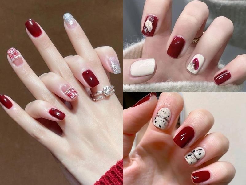 Nail màu đỏ vẽ hoạ tiết đơn giản