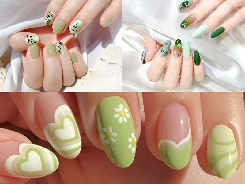 nail màu xanh lá vẽ hoa