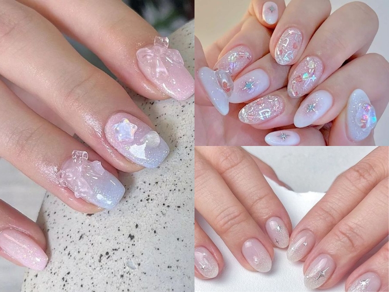 mẫu nail tráng gương kết hợp nhũ