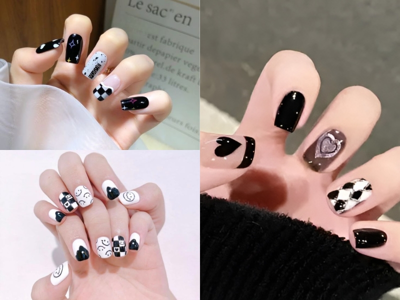 Nail caro trắng đen 