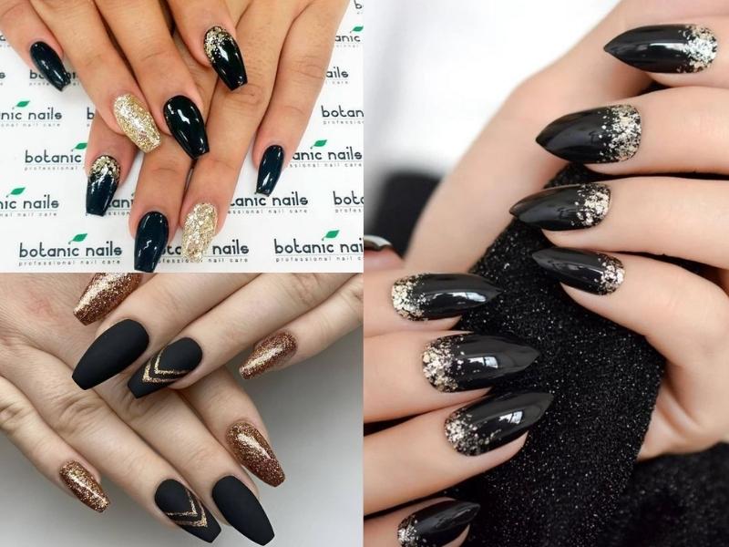 Nail màu đen kim tuyến hạt 