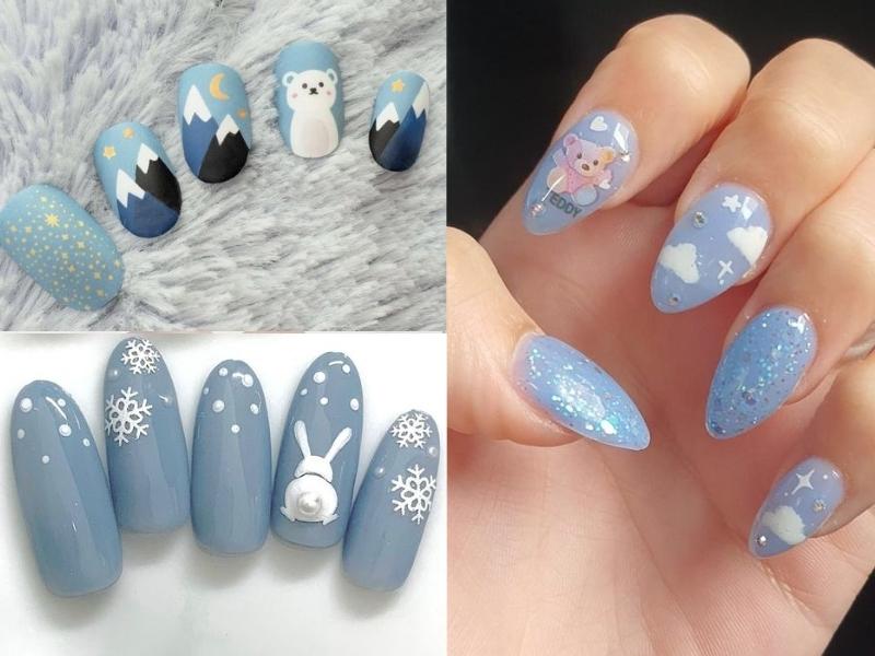 Mẫu nail màu xanh họa tiết theo mùa