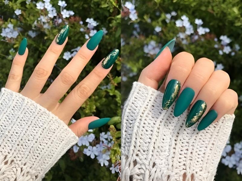 Mẫu nail xanh lá đậm phối nhũ vàng