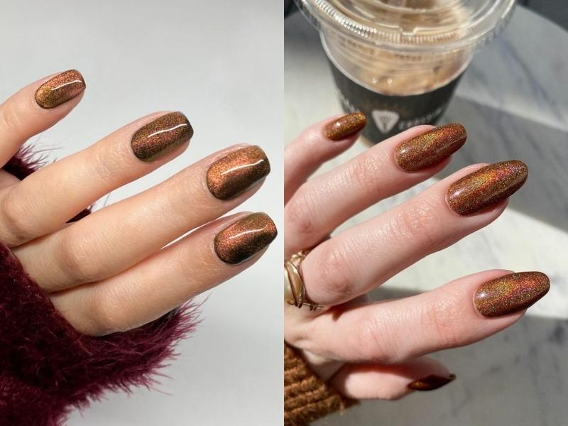 Nail mắt mèo nâu đẹp ánh cầu vồng