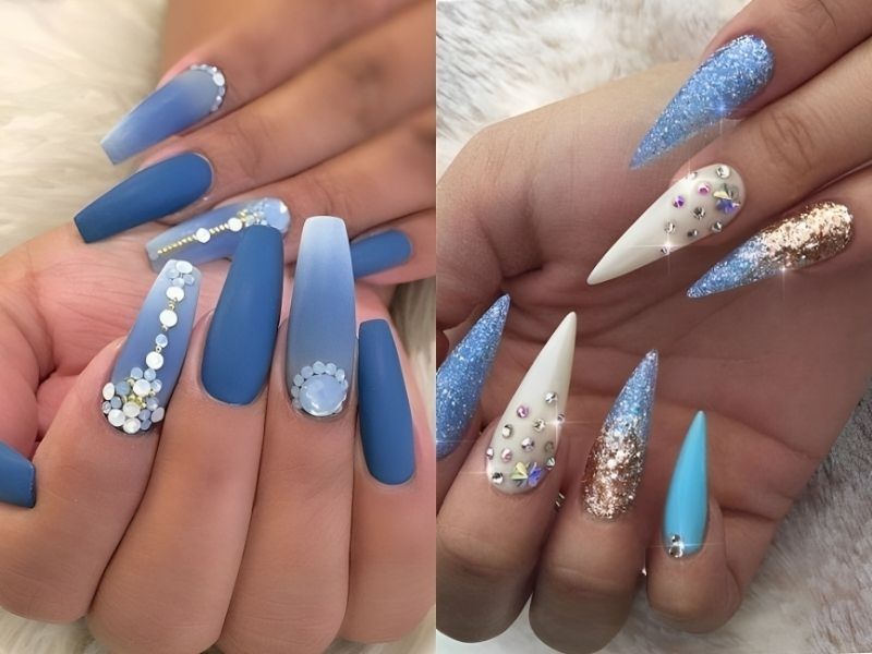 Những mẫu nail xanh dương nhạt đính nhiều đá