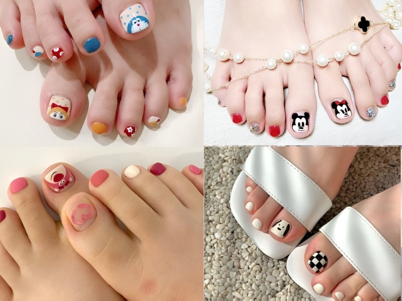 mẫu vẽ móng chân Doraemon, Mickey, gấu Lotso