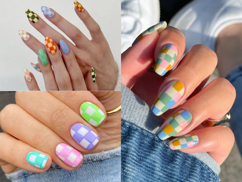 mẫu nail caro đẹp nhiều màu