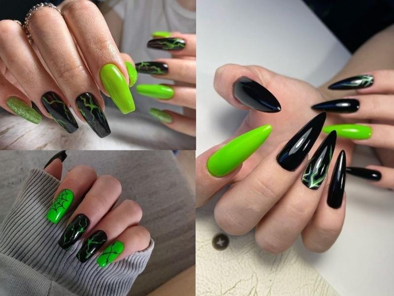 Nail màu đen phối xanh neon 