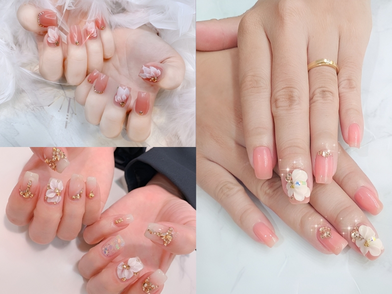 Nail cô dâu đính hoa thanh lịch. (Nguồn: Ánh Trần - Pinterest)