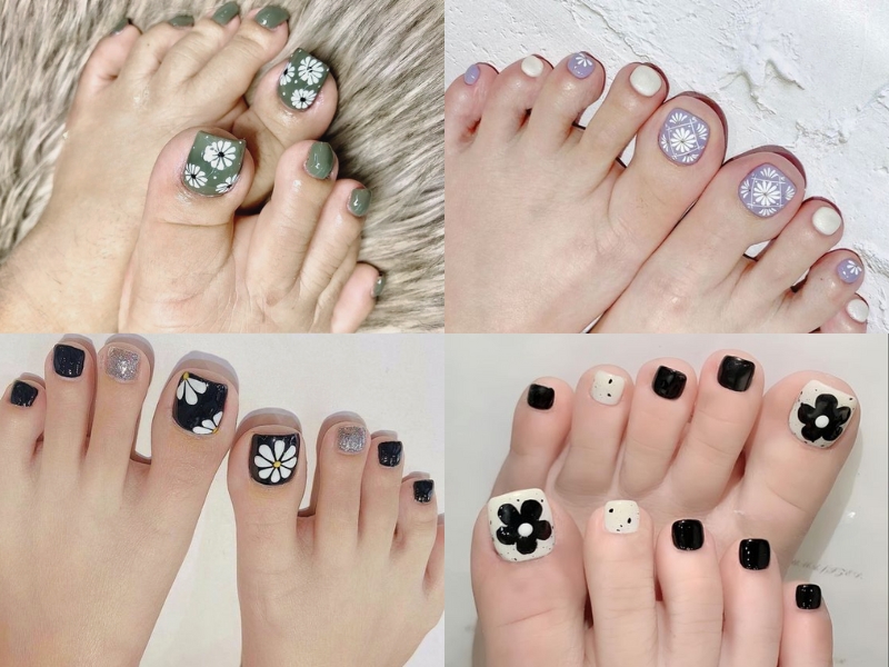 mẫu nail chân vẽ hoa nhỏ màu đen, xanh, tím