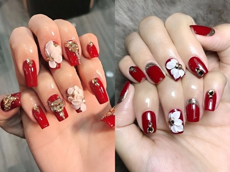 nail đỏ đắp bột đính đá