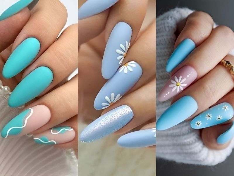 Mẫu nail xanh dương nhạt kết hợp họa tiết hoa