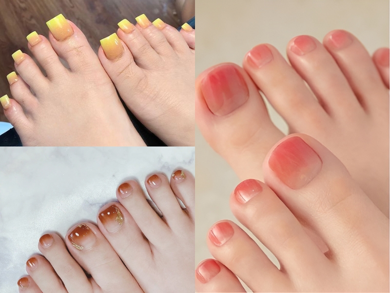 mẫu nail chân ombre cam, vàng, nâu