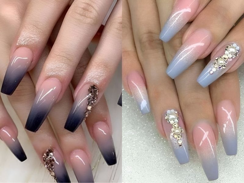 Nail đính đá kết hợp hiệu ứng ombre xanh trắng hồng