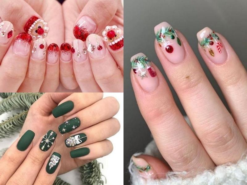 Nail tone xanh đỏ cho noel đính charm nhỏ 