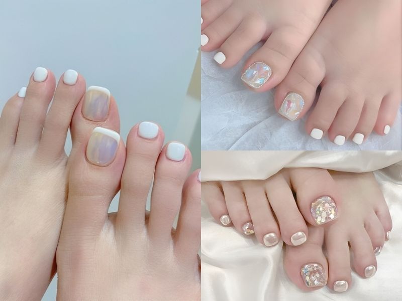 Kiểu nail chân màu trắng tráng gương