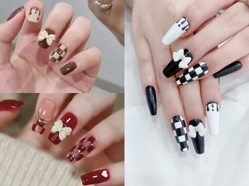 Mẫu nail caro đính nơ