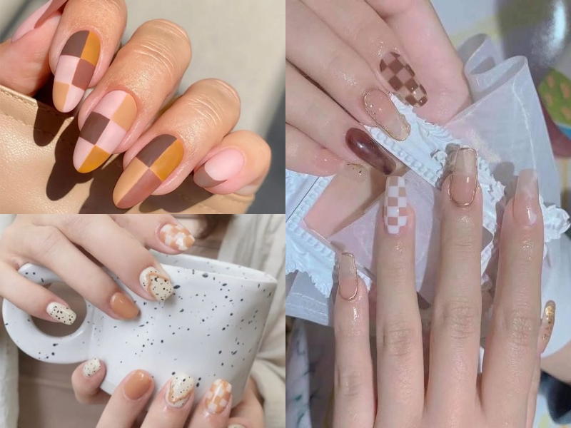 Mẫu nail caro nâu móng dài