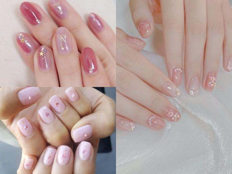 mẫu nail học sinh đính đá màu hồng