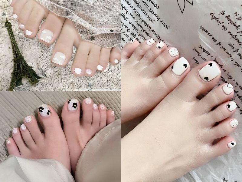 Sơn gel móng chân màu trắng với nhiều hoạ tiết vẽ