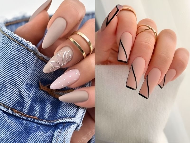 mẫu nail màu nude vẽ hoa