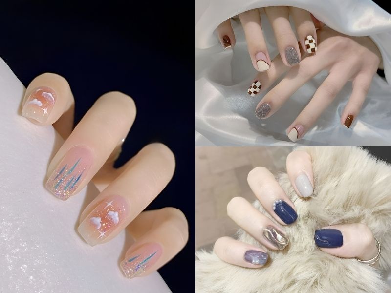 Mẫu nail đơn giản cá tính kim tuyến, hoạ tiết sọc, tráng gương