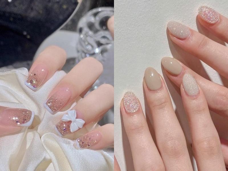 Kiểu nail đính kim tuyến màu pastel 