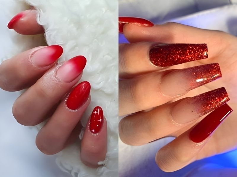 Những mẫu nail màu đỏ ombre kim tuyến