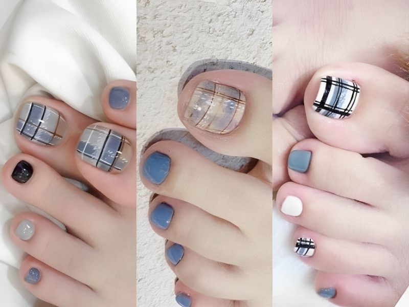 Mẫu nail chân xanh ngọc họa tiết kẻ sọc 