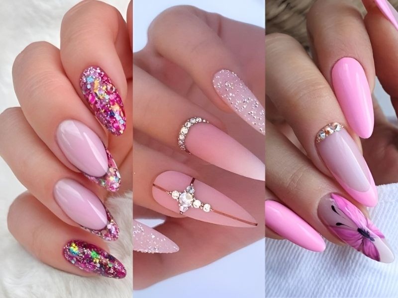 mẫu nail hồng đính đá