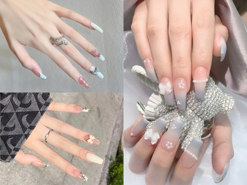 Nail đính nơ lấp lánh lung linh. (Nguồn: wendy - Pinterest)