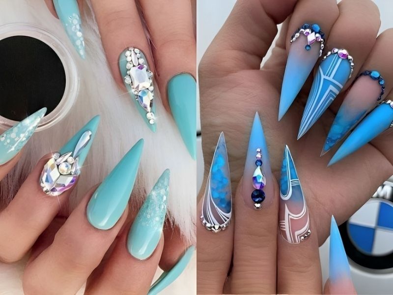 những mẫu nail móng nhọn dài màu xanh dương nhạt đính đá 