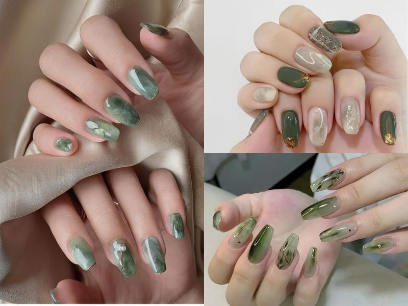 Mẫu nail màu xanh ngọc họa tiết vân đá hấp dẫn (Nguồn: Deer Planet, Budi Nails, Sumy 520)