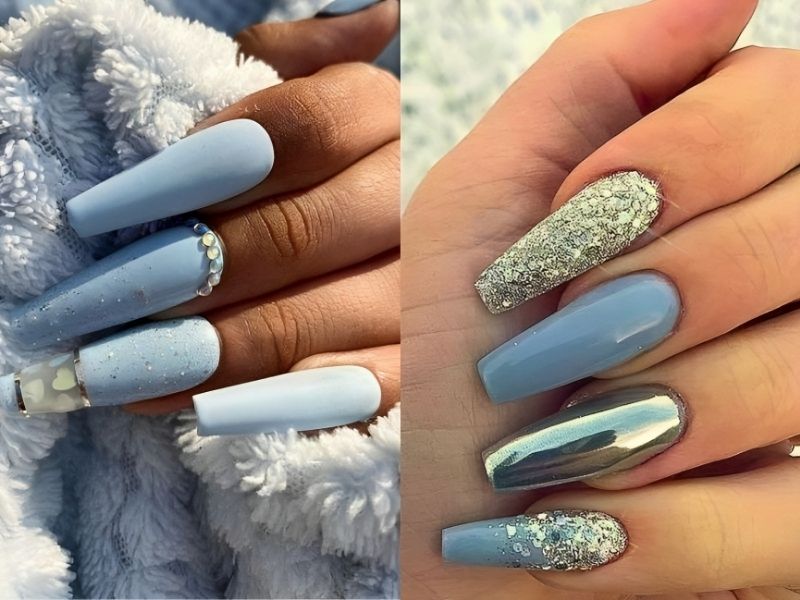 Những mẫu nail xanh dương nhạt đính đá, kim tuyến