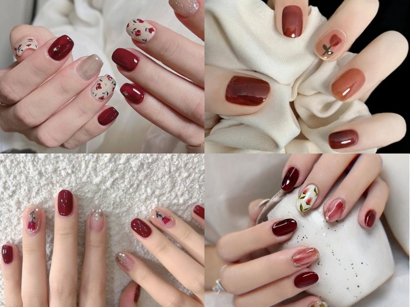 mẫu nail màu đỏ rượu vẽ hoa lá