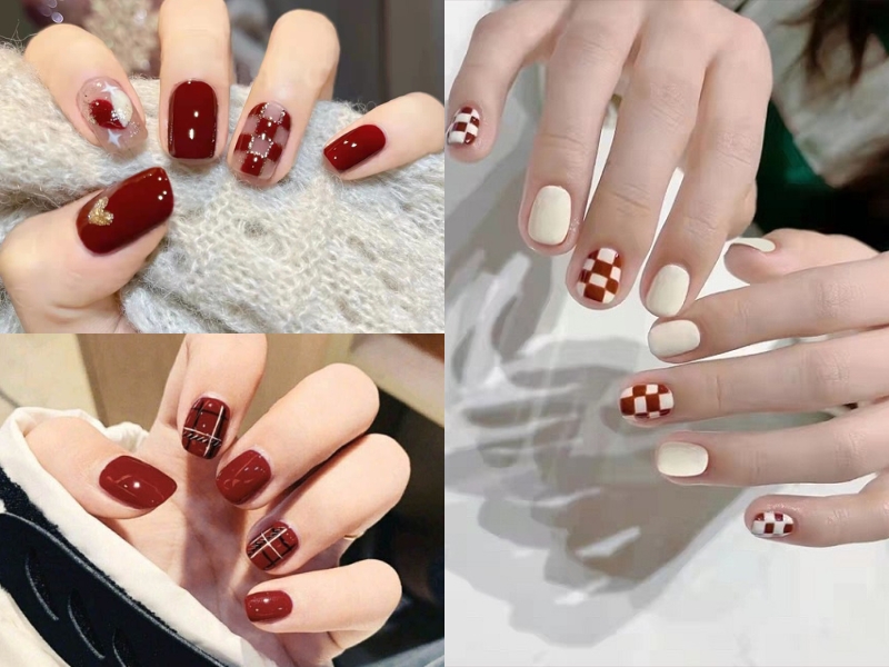 Mẫu nail caro đỏ có nhũ