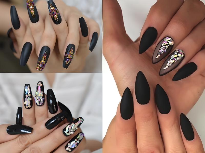 Nail màu đen đính đá nhiều màu